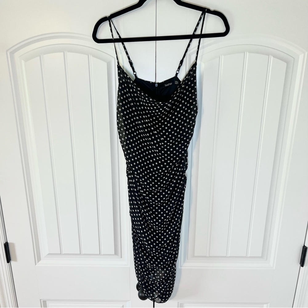 Polka Dot Ruched Dress Sleeveless Size 6 Cocktail Guest Event Casual Chic - Picture 2 of 9